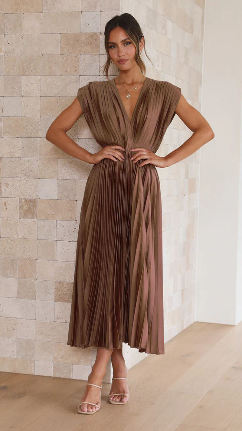 Robe Midi Plissé Soleil Décolleté V Femme