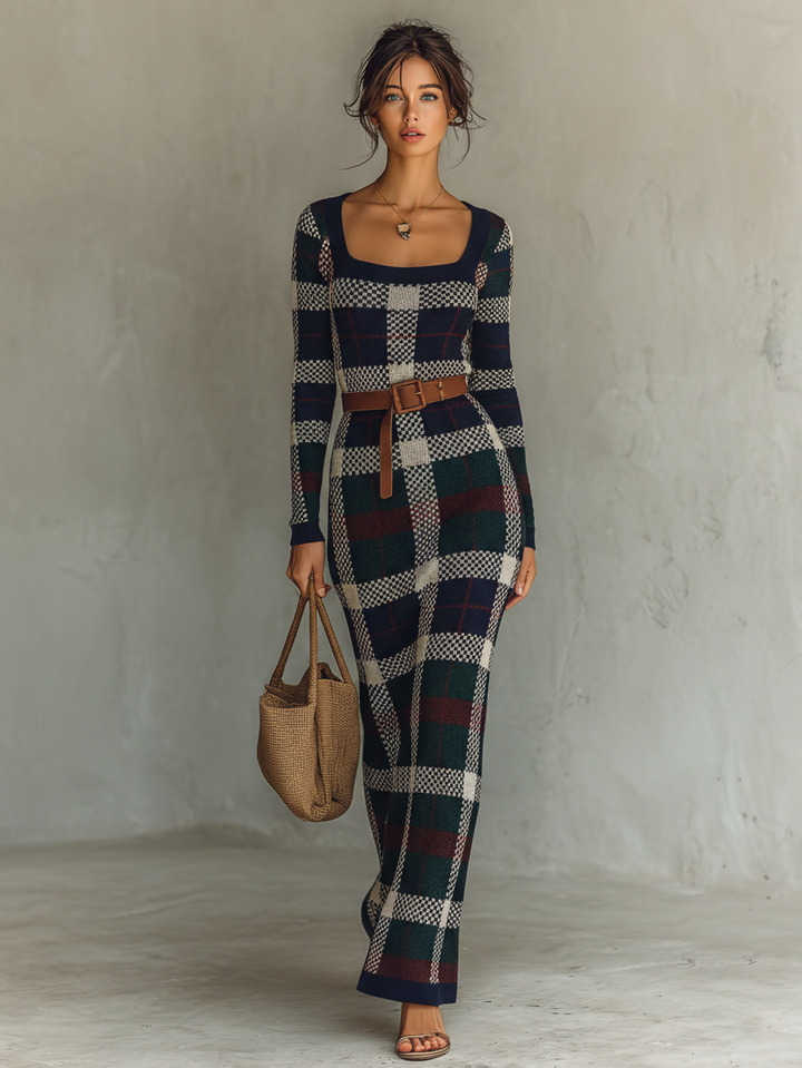 Robe Longue à Carreaux Col Carré Femme
