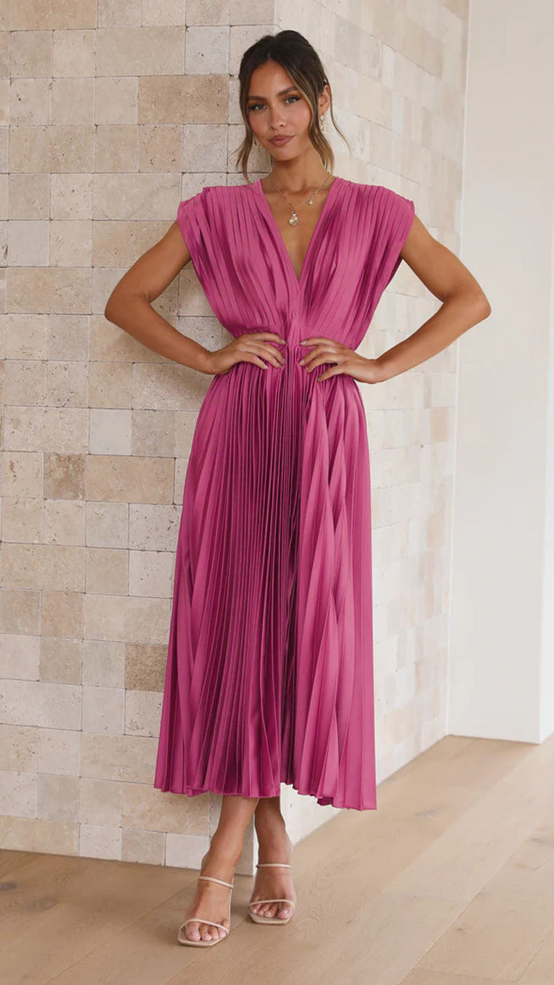 Robe Midi Plissé Soleil Décolleté V Femme