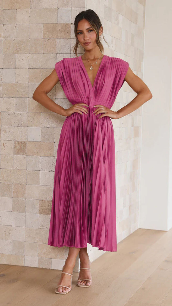 Robe Midi Plissé Soleil Décolleté V Femme
