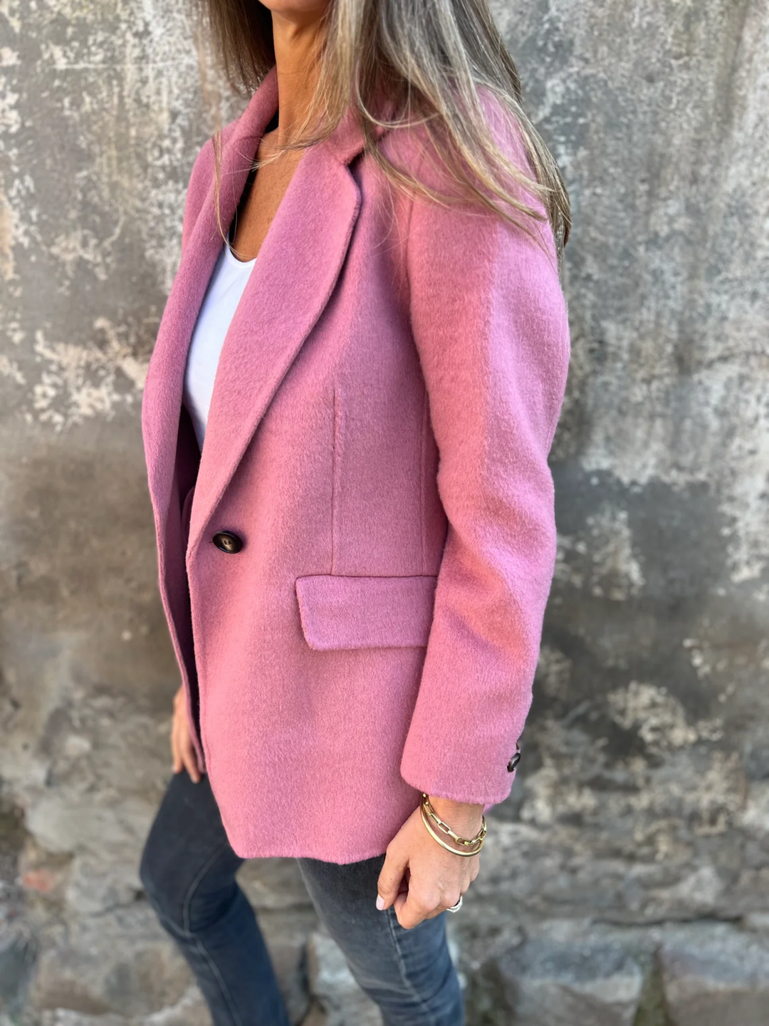 Blazer Long à Revers Et Bouton Unique Femme