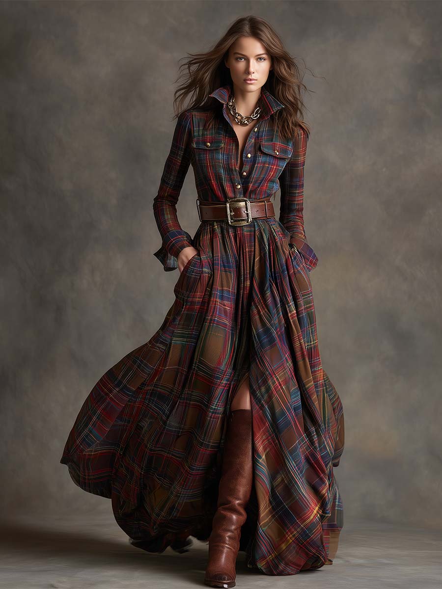 Robe Longue Chemise à Carreaux Femme