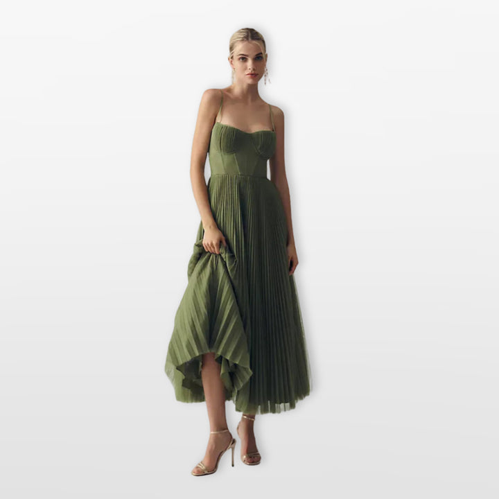 Robe Midi Plissée Bretelles Fines Soirée Femme