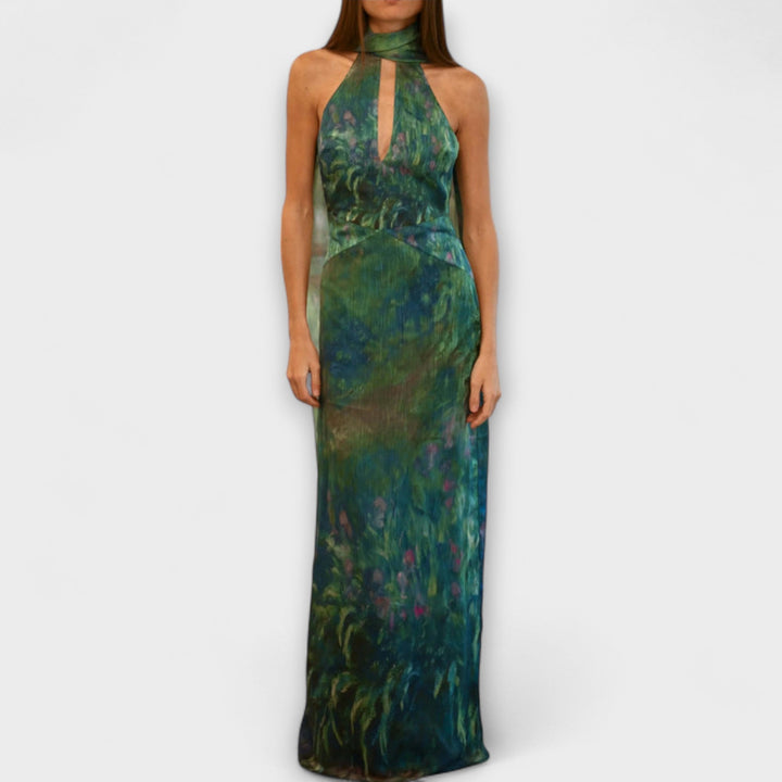 Robe Longue Col Montant Découpe Devant Femme