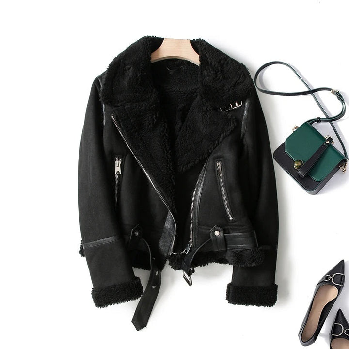 Veste Biker Courte à Revers Texturés Femme