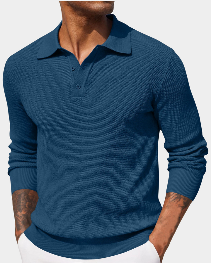 Polo en Maille Texturée à Manches Longues Homme