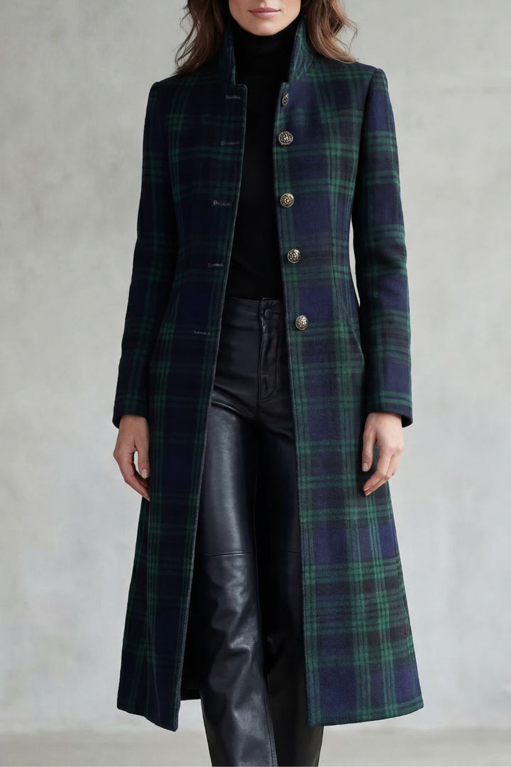 Manteau Long à Carreaux Et Col Montant Femme