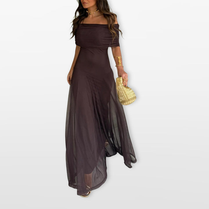 Robe Longue Épaules Dénudées Mesh Élégante Femme