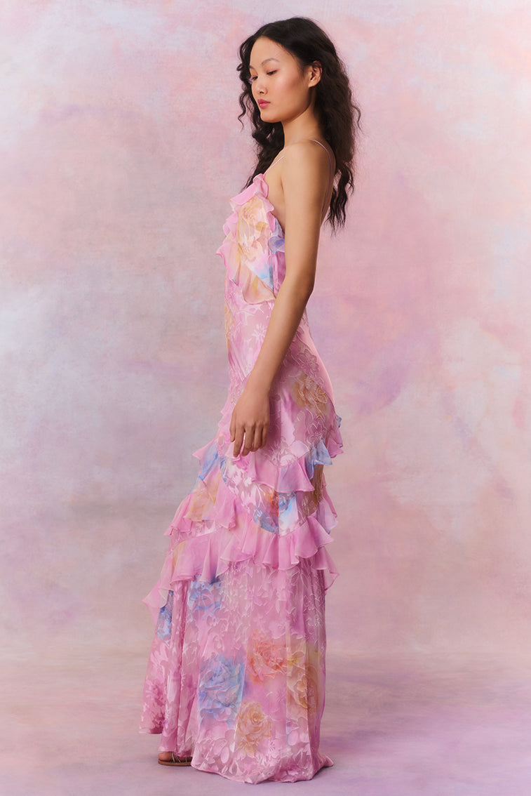 Robe Longue Fleurie Volants Femme