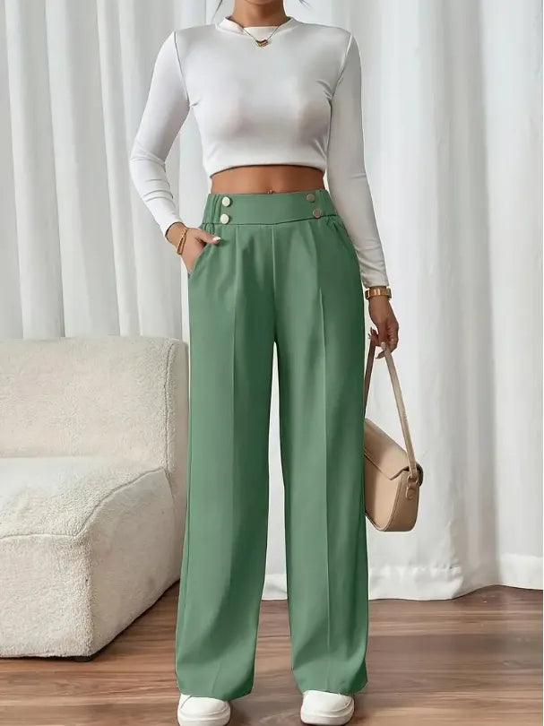 Pantalon Large Taille Haute À Boutons Décoratifs Femme