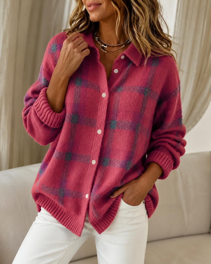 Cardigan à Carreaux Col Chemise Femme