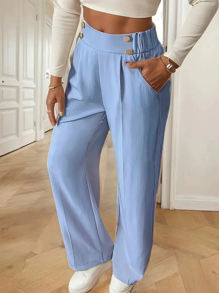 Pantalon Large Taille Haute À Boutons Décoratifs Femme