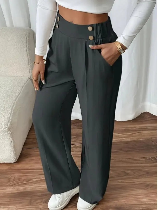 Pantalon Large Taille Haute À Boutons Décoratifs Femme