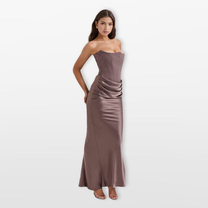 Robe Midi Bustier Satin Effet Corset Élégante Femme