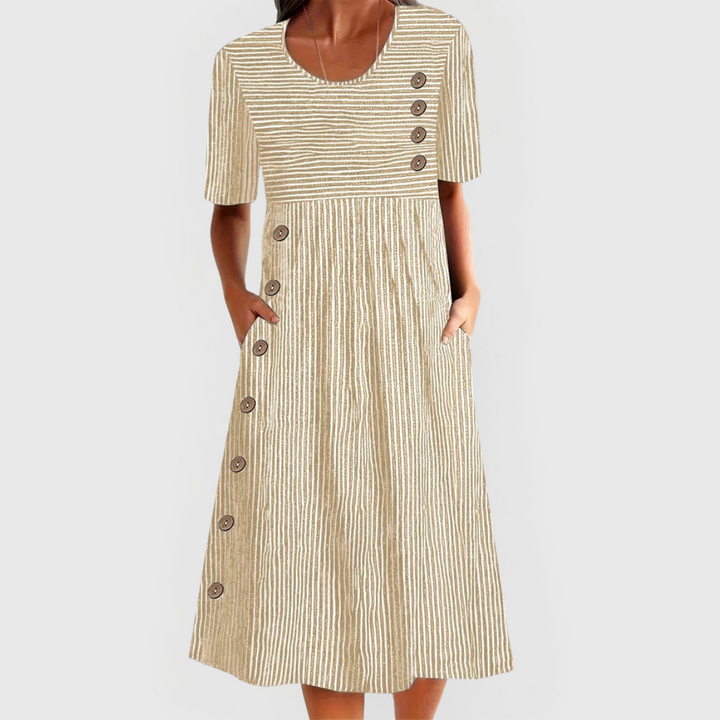 Robe Midi Rayée à Manches Courtes Femme