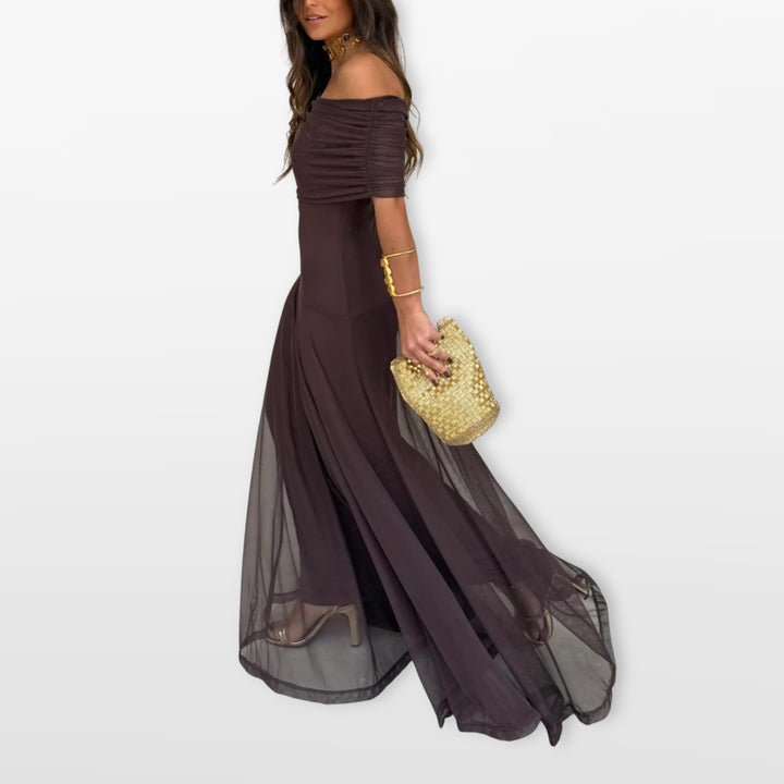 Robe Longue Épaules Dénudées Mesh Élégante Femme