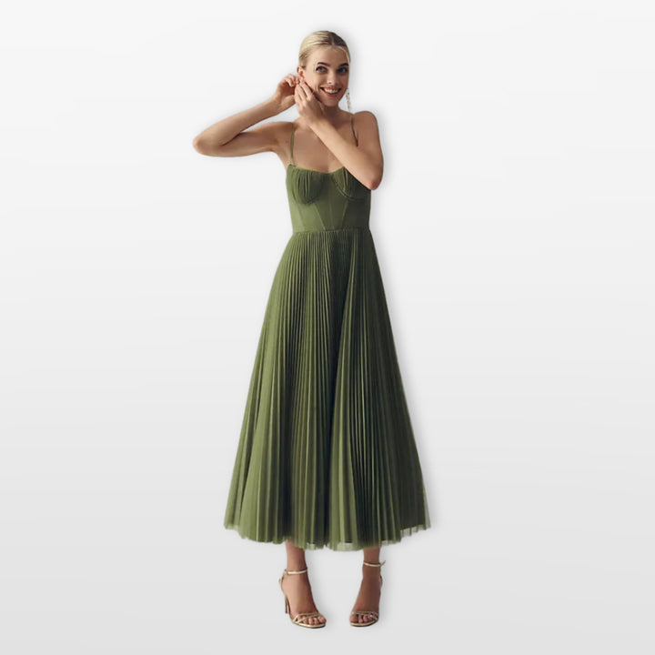 Robe Midi Plissée Bretelles Fines Soirée Femme