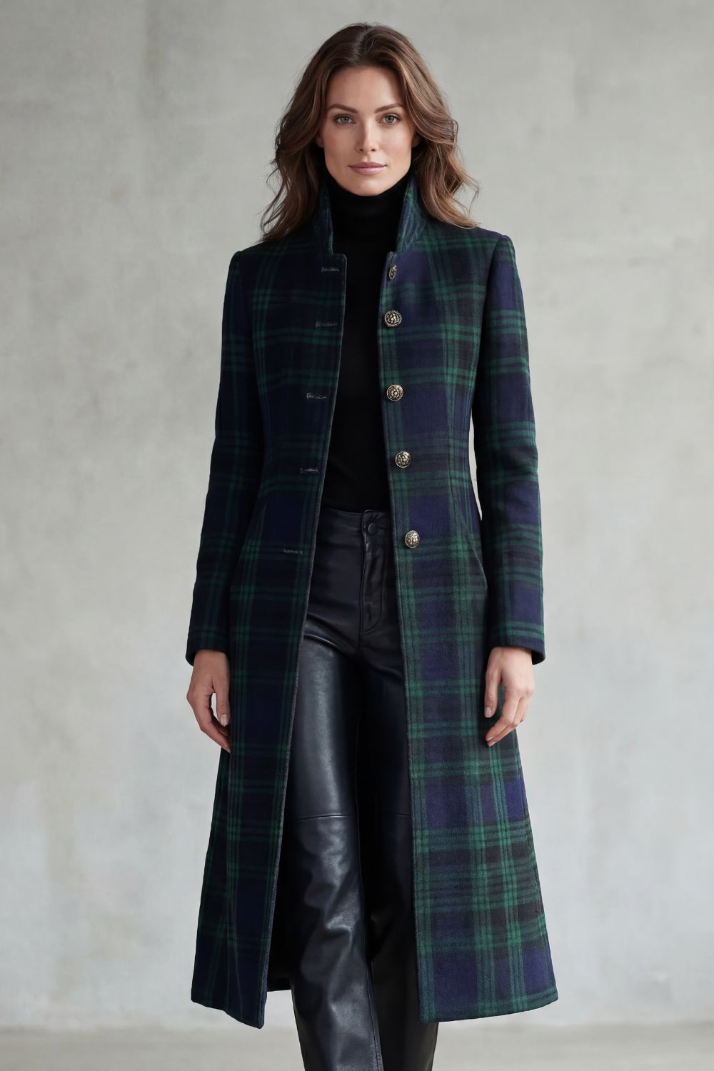Manteau Long à Carreaux Et Col Montant Femme
