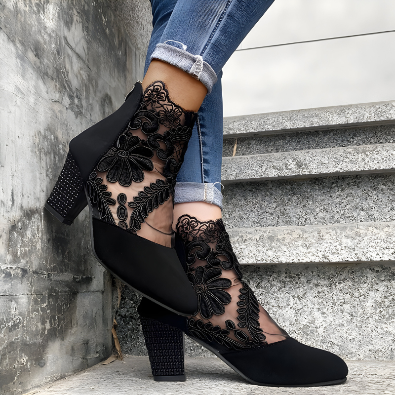 Bottines à Talon Motifs Floraux Femme