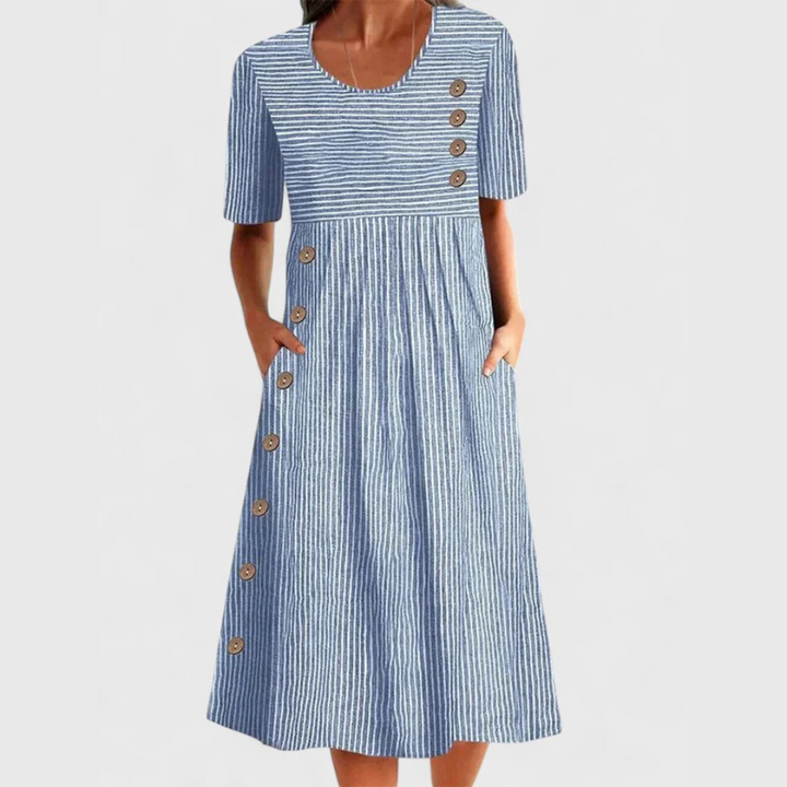Robe Midi Rayée à Manches Courtes Femme