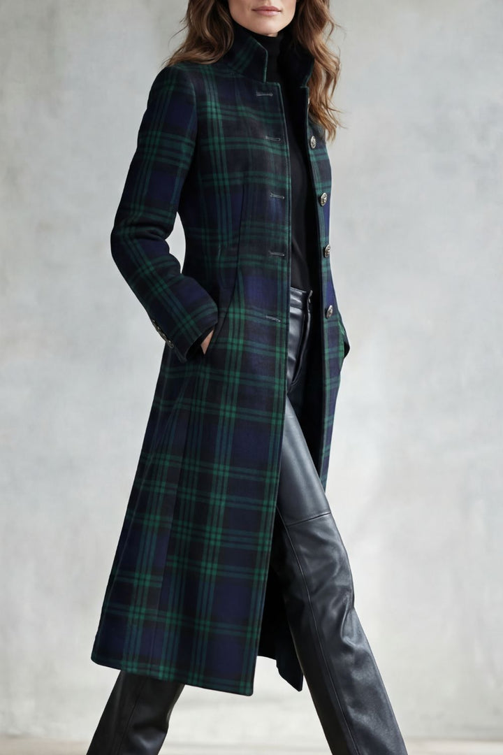Manteau Long à Carreaux Et Col Montant Femme
