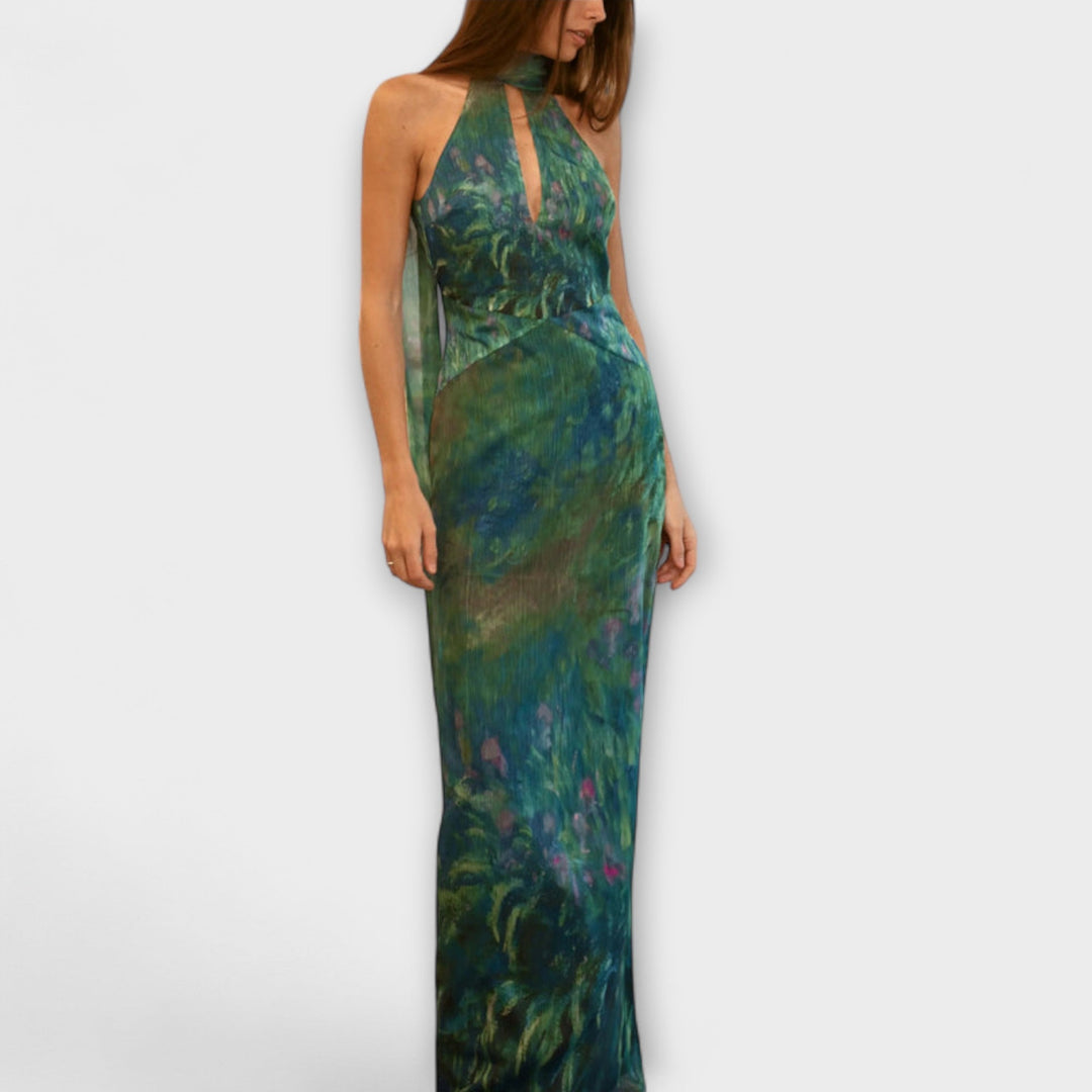 Robe Longue Col Montant Découpe Devant Femme