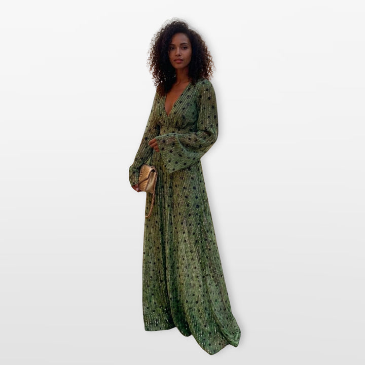 Robe Longue Col V Manches Longues Fluide Femme