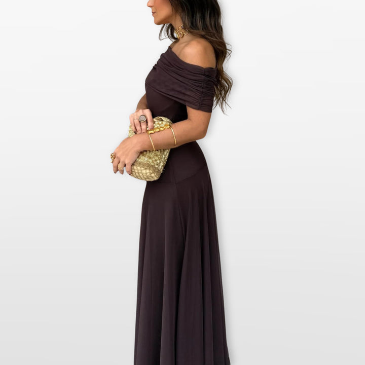 Robe Longue Épaules Dénudées Mesh Élégante Femme