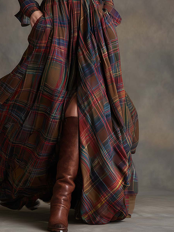 Robe Longue Chemise à Carreaux Femme