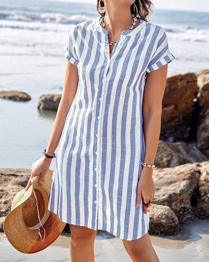 Robe Chemise Rayée Manches Courtes Femme