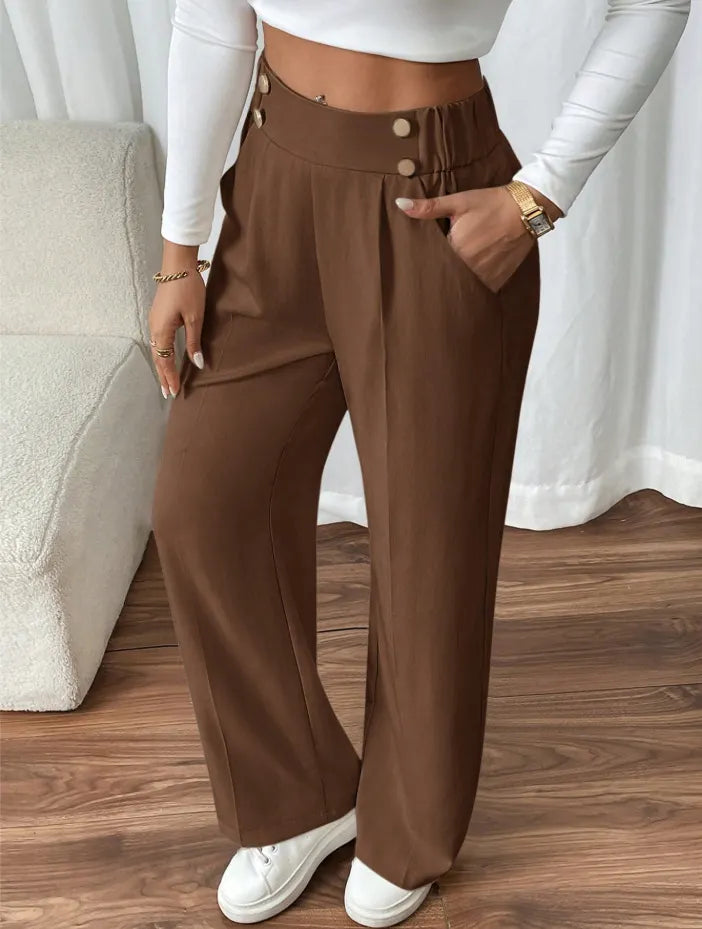 Pantalon Large Taille Haute À Boutons Décoratifs Femme