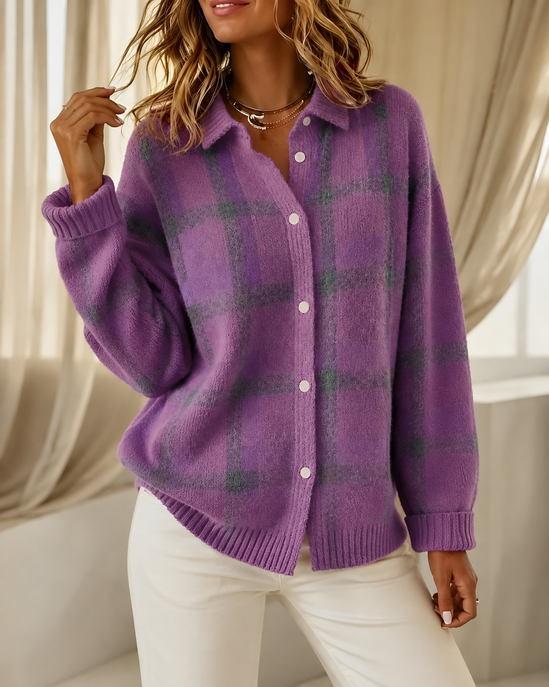 Cardigan à Carreaux Col Chemise Femme