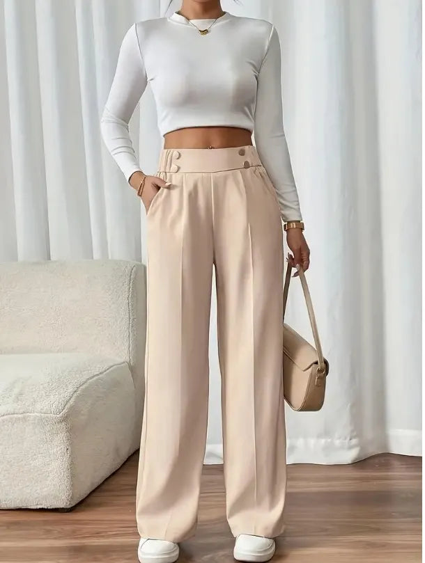 Pantalon Large Taille Haute À Boutons Décoratifs Femme