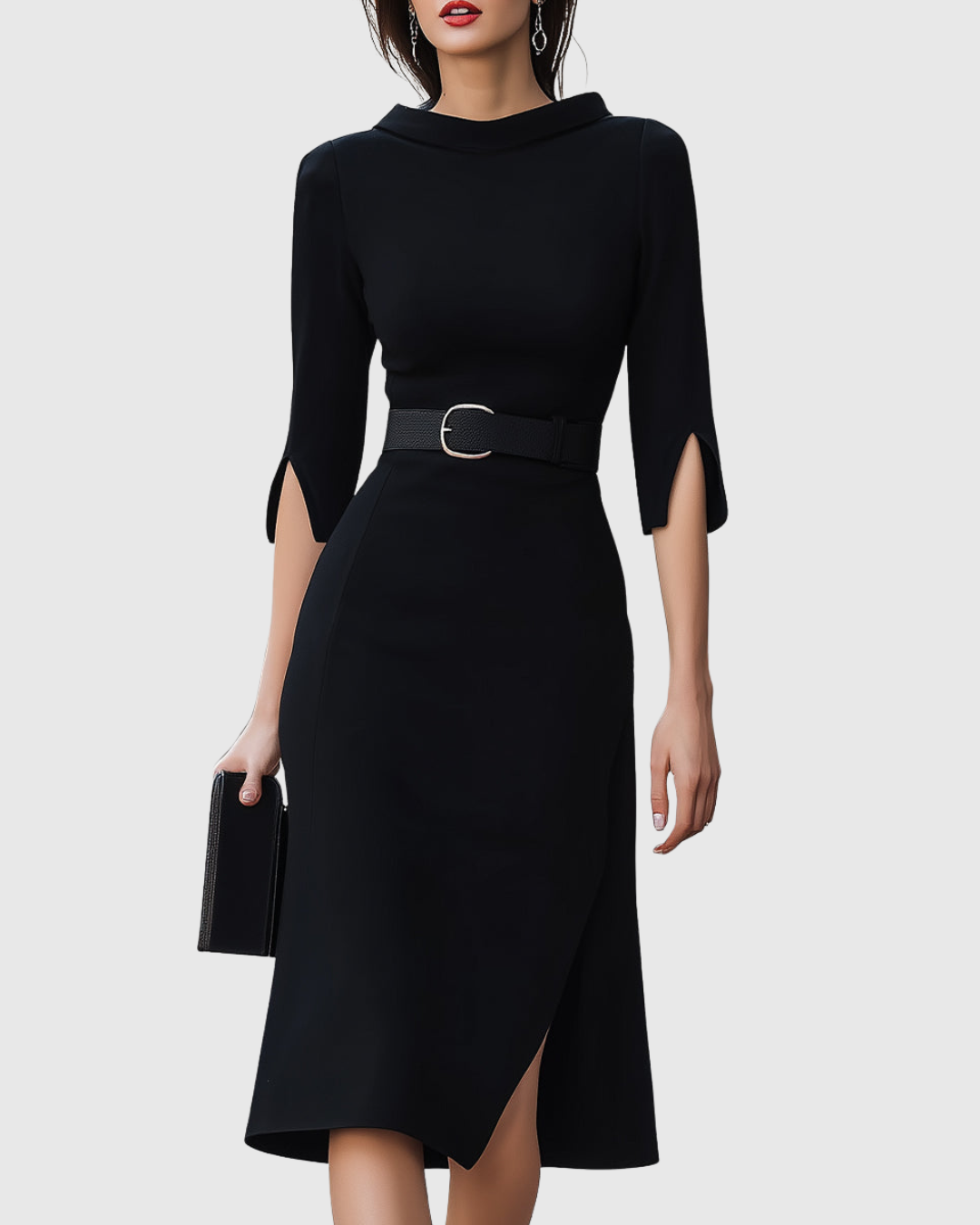 Robe Midi À Col Montant Et Manches Fendues Femme
