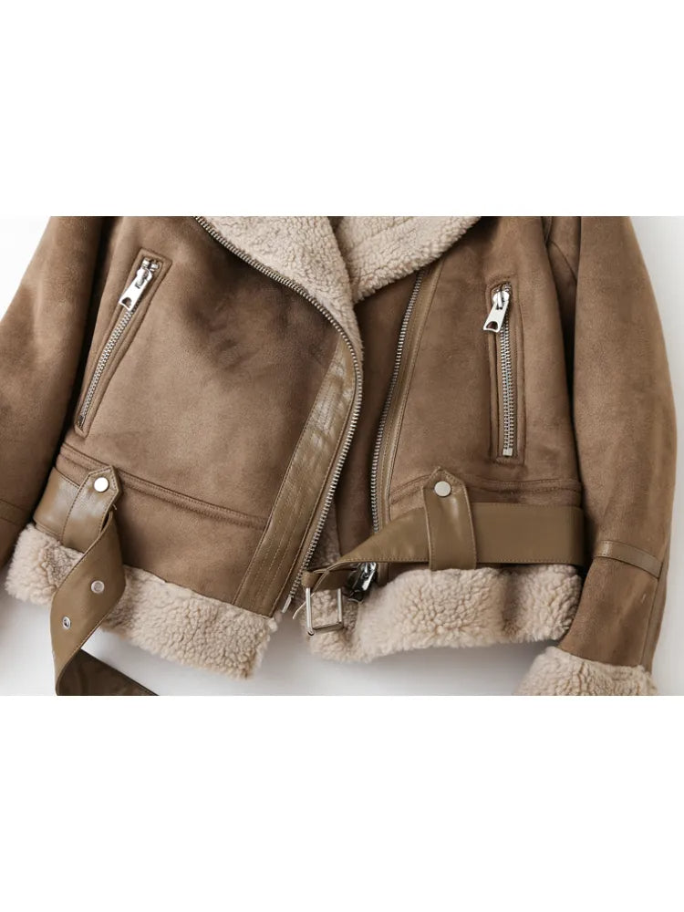 Veste Biker Courte à Revers Texturés Femme