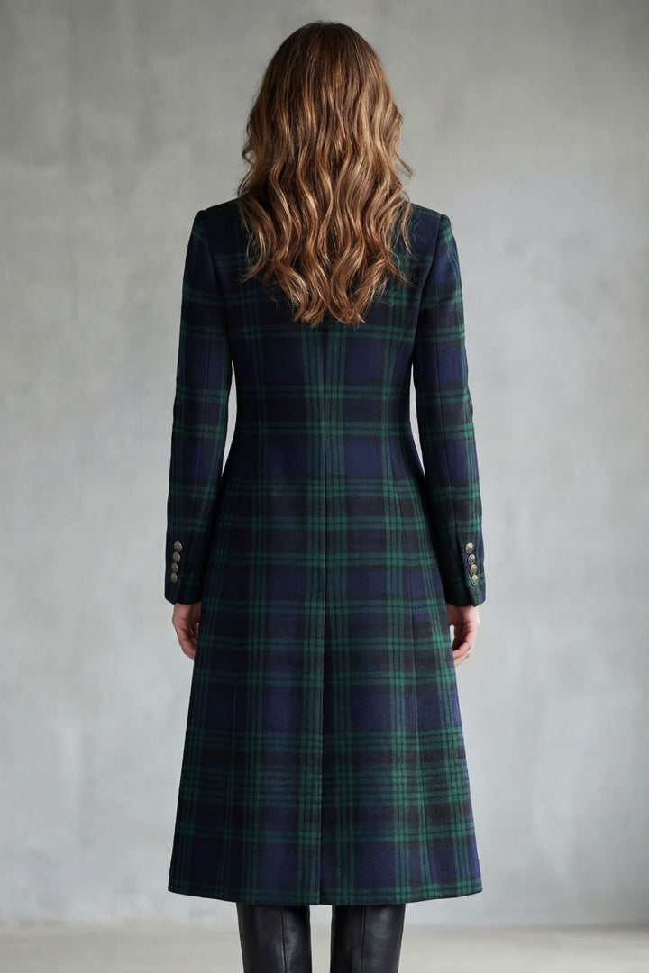 Manteau Long à Carreaux Et Col Montant Femme