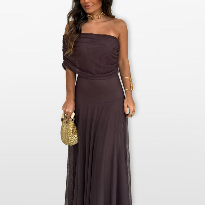 Robe Longue Épaules Dénudées Mesh Élégante Femme