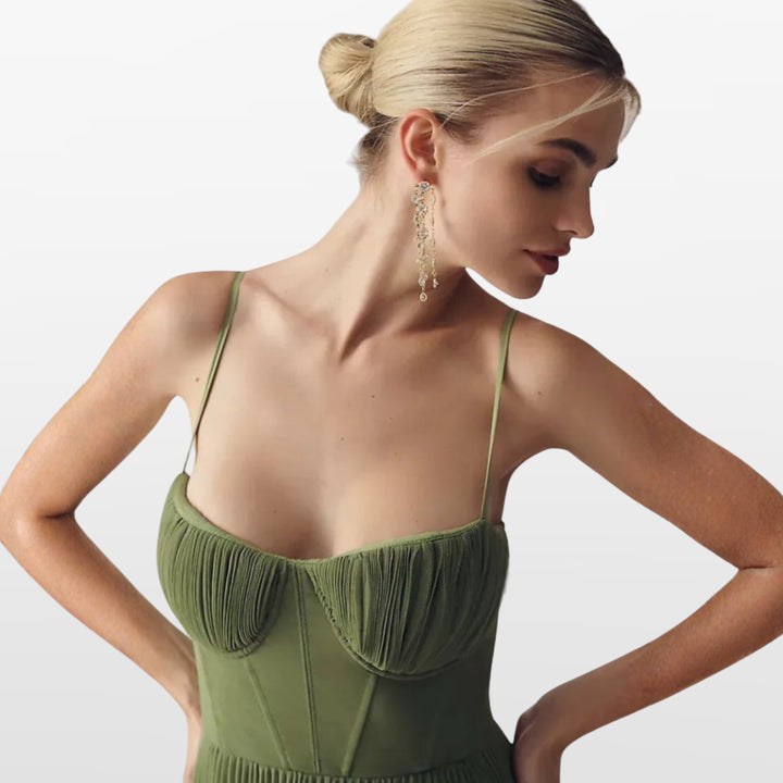 Robe Midi Plissée Bretelles Fines Soirée Femme