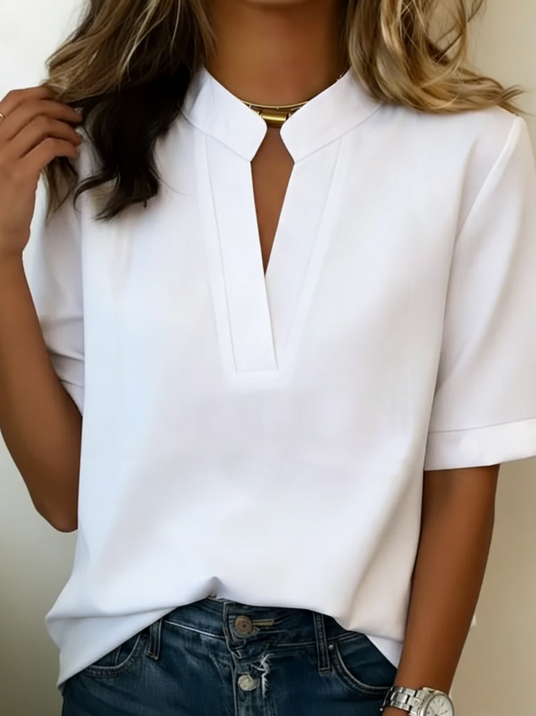 Blouse Fluide Col V Manches Mi-Longues Femme