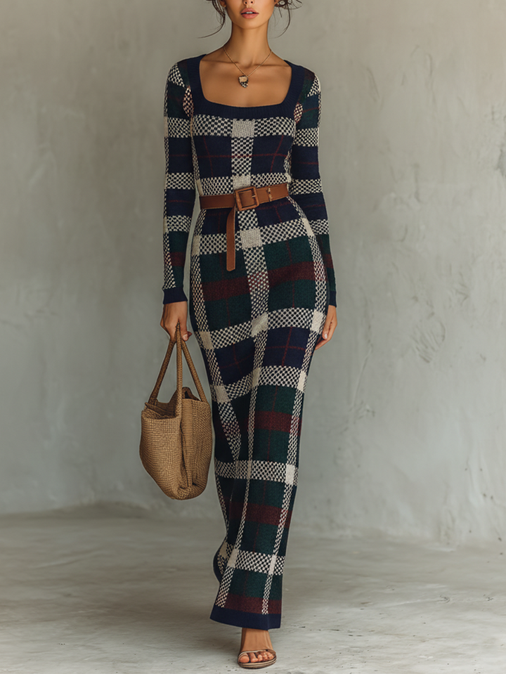 Robe Longue à Carreaux Col Carré Femme