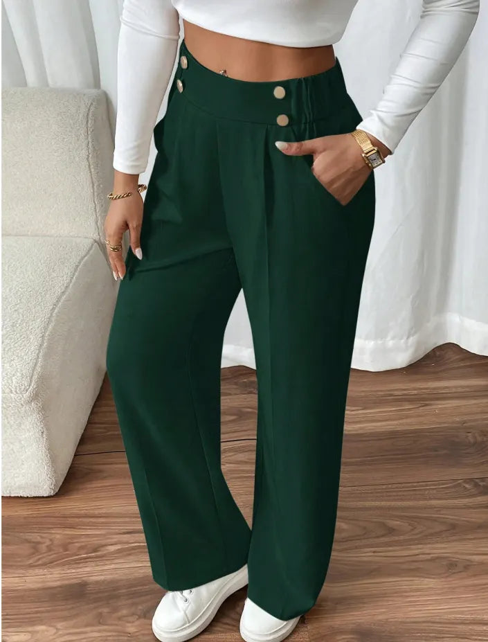 Pantalon Large Taille Haute À Boutons Décoratifs Femme