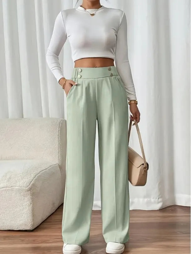 Pantalon Large Taille Haute À Boutons Décoratifs Femme