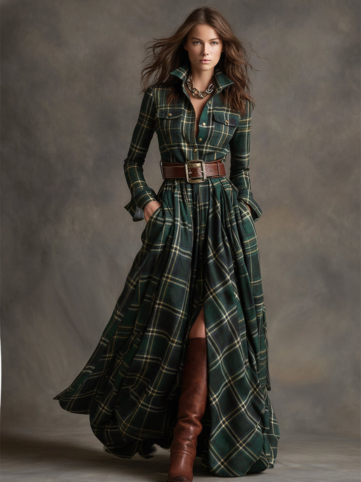 Robe Longue Chemise à Carreaux Femme