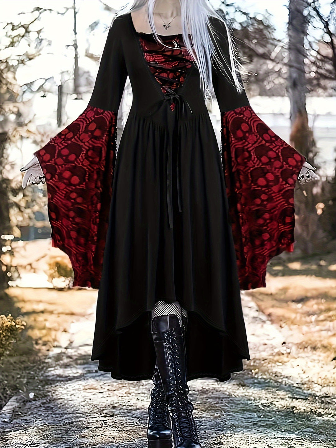 Robe Halloween Gothique à Manches Évasées Femme