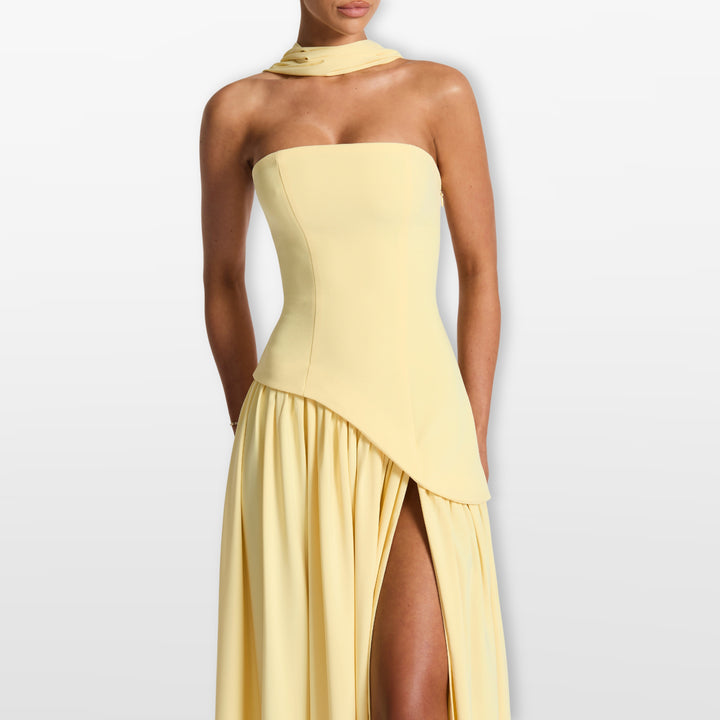 Robe Longue Bustier Fente Haute Asymétrique Femme