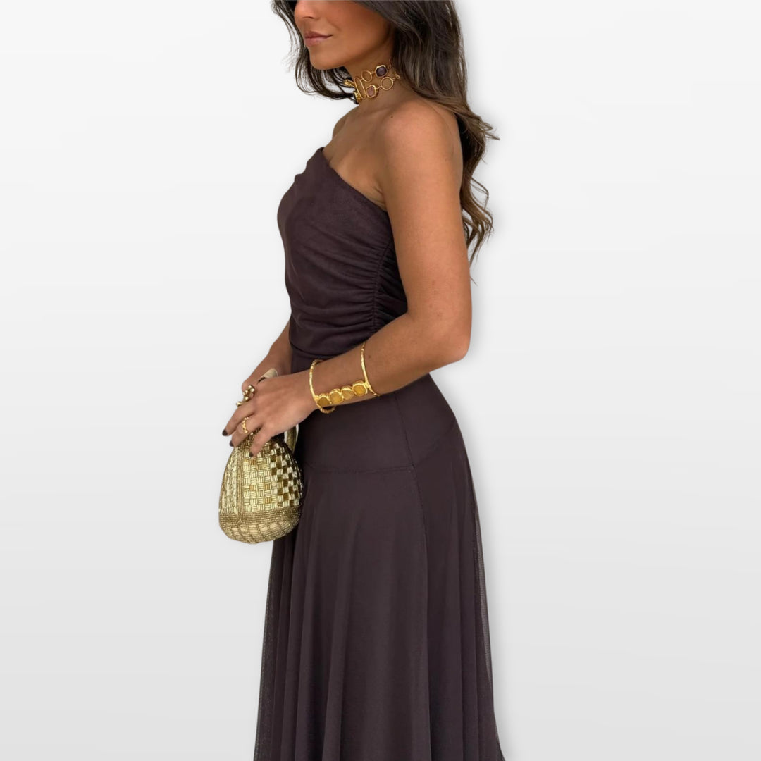 Robe Longue Épaules Dénudées Mesh Élégante Femme