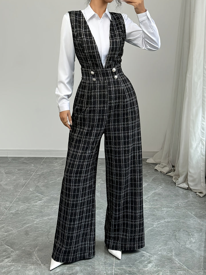 Combinaison Pantalon à Carreaux et Boutons Femme
