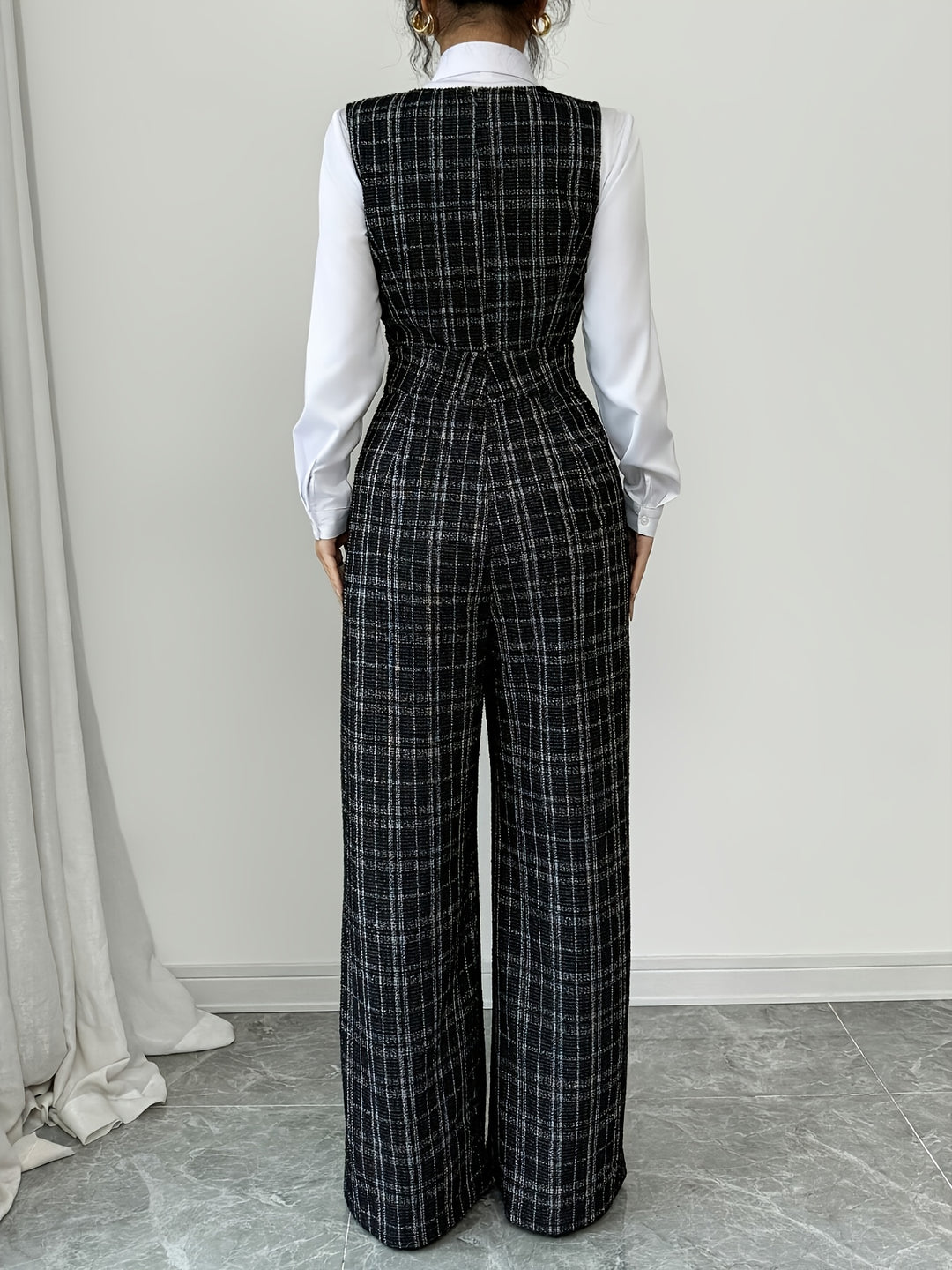 Combinaison Pantalon à Carreaux et Boutons Femme