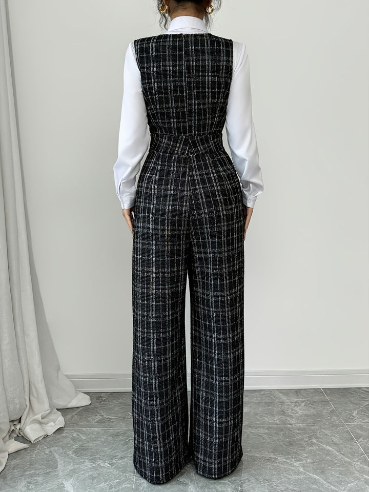 Combinaison Pantalon à Carreaux et Boutons Femme