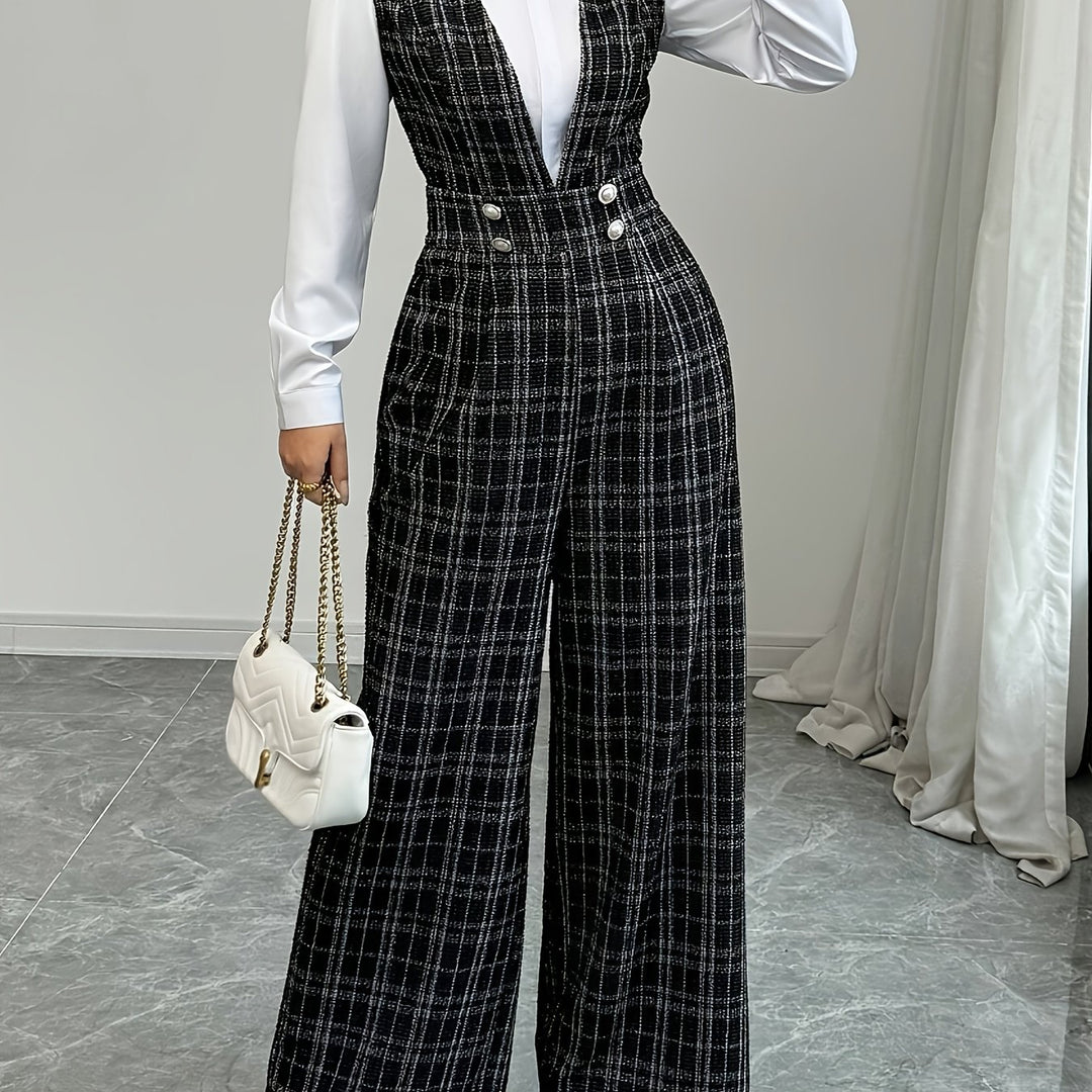 Combinaison Pantalon à Carreaux et Boutons Femme